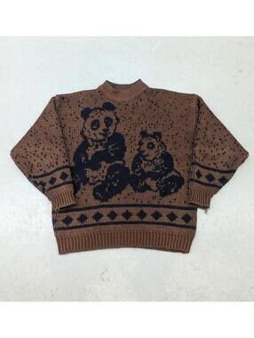 Vintage 90s Club Smart Panda Mom and Cub Brown Knit Sweater